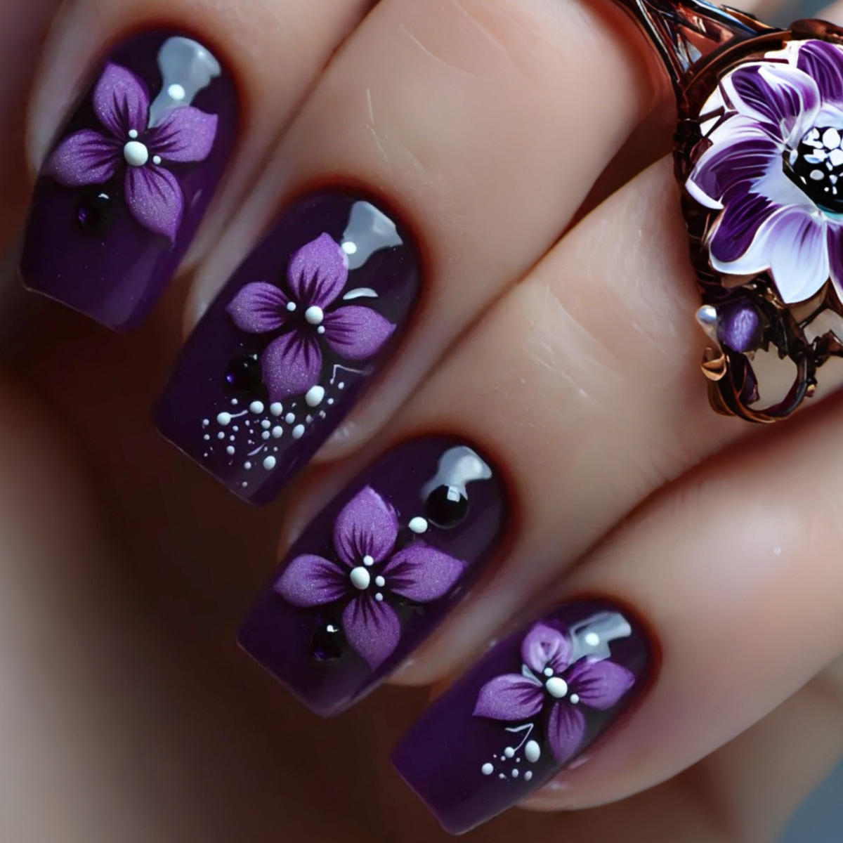 Medium square fake nails for w - Pressed Flower Art review and price